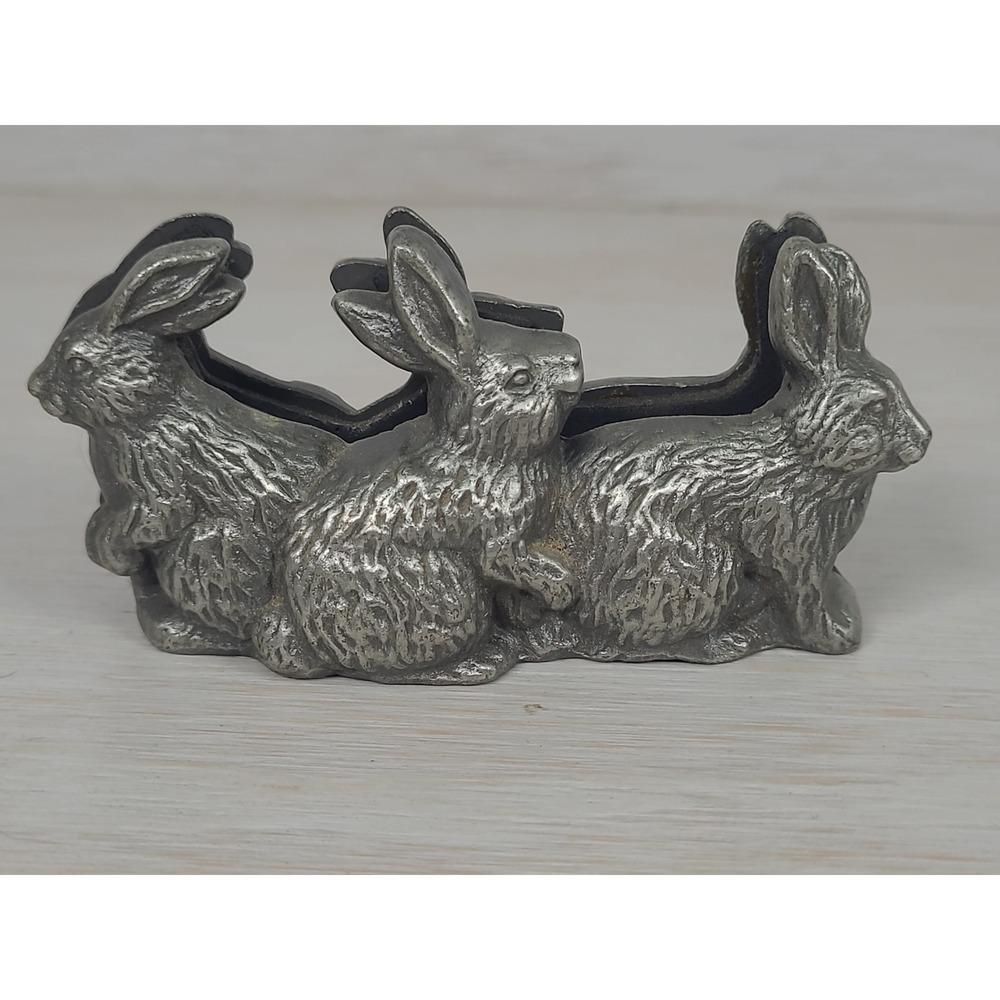 Vintage Style Cast Metal Rabbit Bunny Card Holder Silver Tone